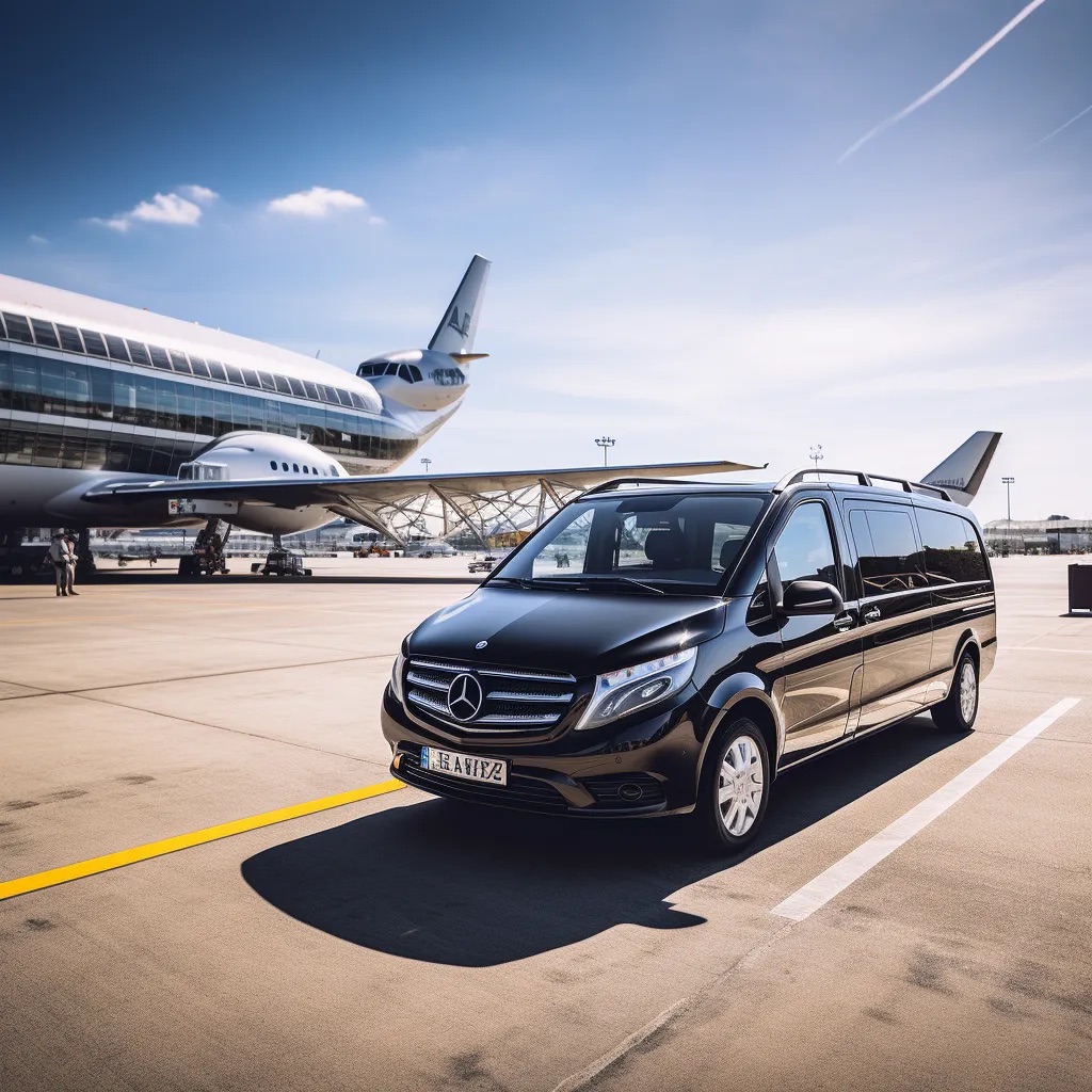 سيارة مرسيدس في-كلاس فاخرة في مدرج مطار برشلونة بجانب طائرة خاصة - خدمة نقل مطار احترافية