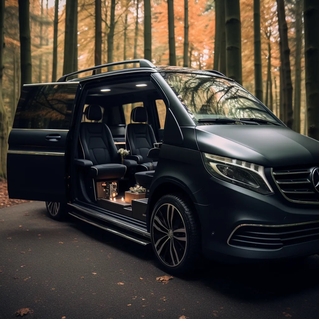 سيارة مرسيدس في-كلاس فاخرة في غابة برشلونة الخلابة تعرض التصميم الداخلي الفاخر - خدمة جولات سياحية احترافية